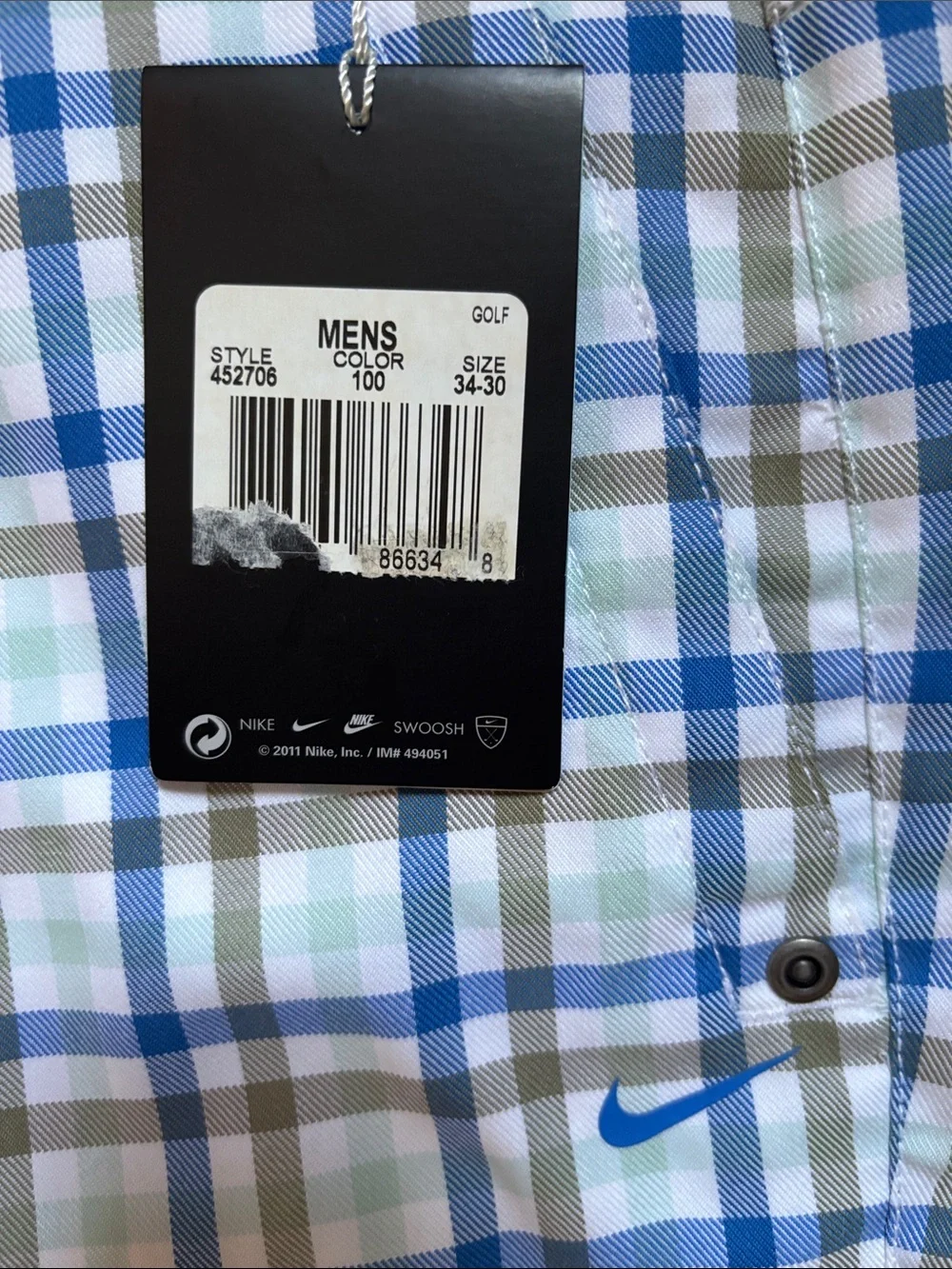 NWT Nike Golf Sport Blue White Plaid Performance Dri-Fit Mens 34x30 Pants